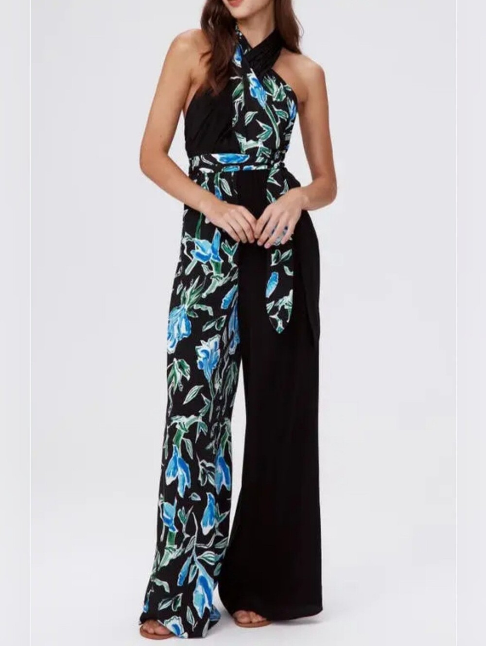 Diane Von Furstenberg Jumpsuit, NEW! Size S, Tulips, Blue & Black Silk